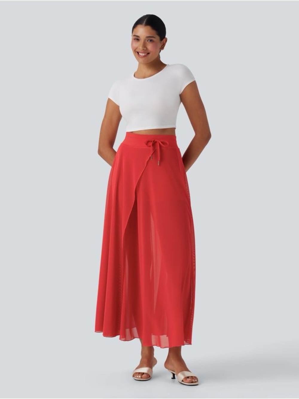 High Waisted Drawstring Contrast Mesh 2-in-1 Pocket Flowy Maxi Flare Skirt